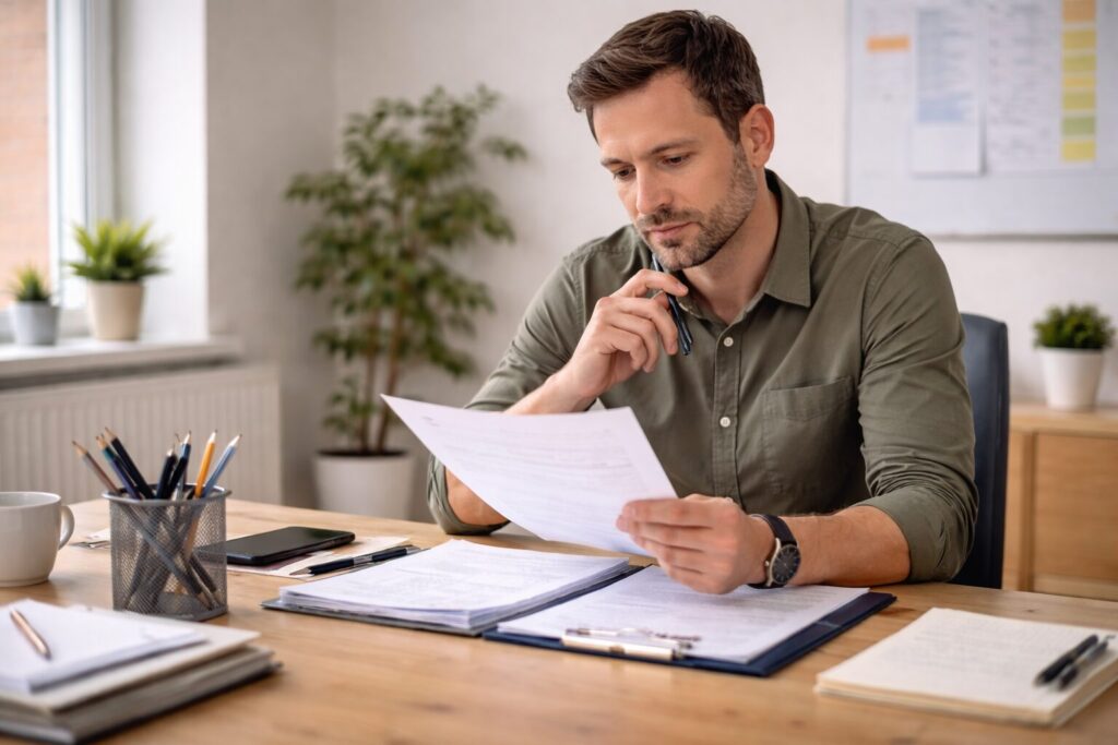 Schulbegleiter prüft Unterlagen bei Entscheidung zum Arbeitgeberwechsel in der Schulbegleitung