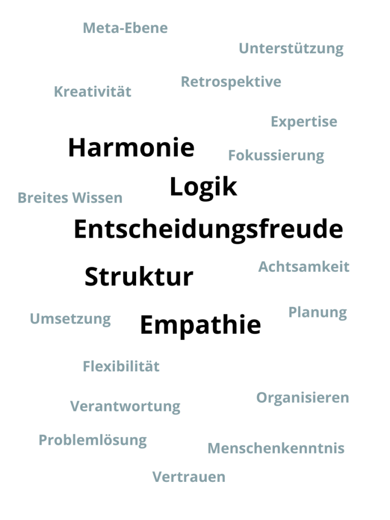 Darstellung von 24 Stärkenbegriffen, die für die Mitarbeiterauswahl ausgewählt werden