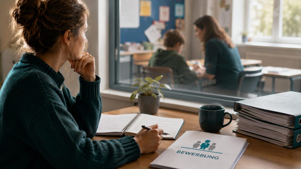 Bewerberin sitzt nachdenklich vor ihrer Bewerbung als Schulbegleiterin